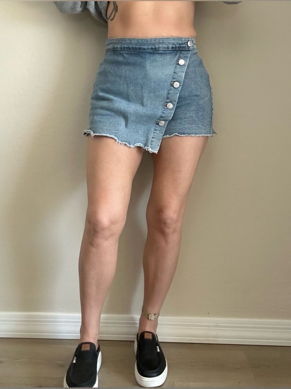Light Blue Denim Mini Skort with Asymmetric Button Front skirt